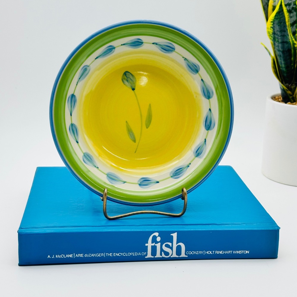 Trisa Hand Painted Stoneware Shallow Pasta Bowl Floral Blue Yellow Green 8"